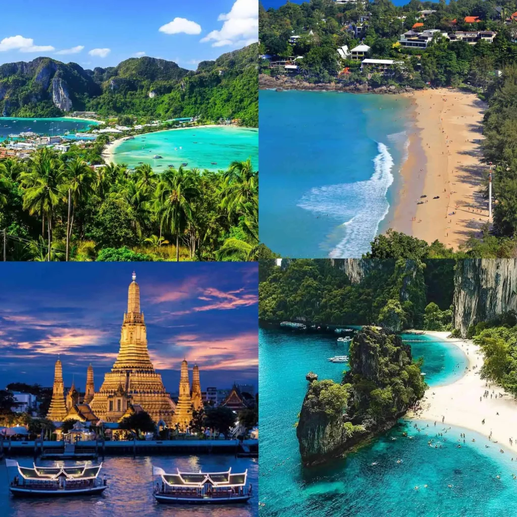 A collage of popular Thailand attractions including coastal landscapes, tropical beaches with turquoise water, and Wat Arun temple in Bangkok at sunset.
