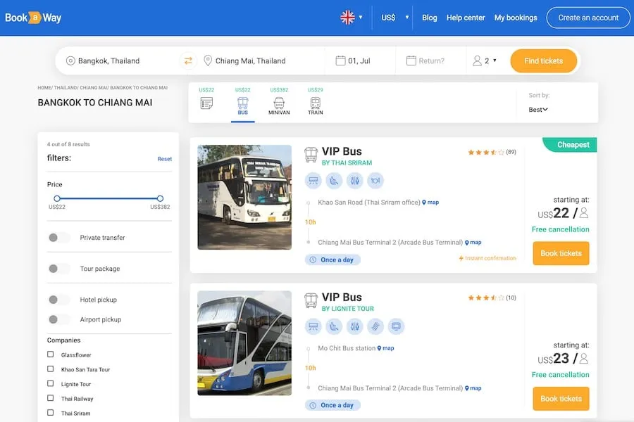Screenshot of the Bookaway website displaying search results for bus, minivan, and train tickets from Bangkok to Chiang Mai, showing pricing and filter options.