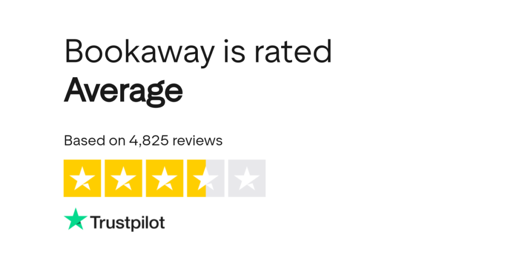 Trustpilot rating summary showing Bookaway is rated Average with 3.5 out of 5 stars based on 4,825 reviews.