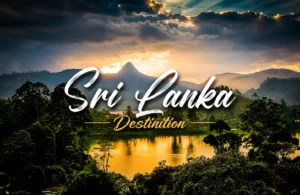 Scenic landscape banner of Sri Lanka featuring lush green forests, a calm lake reflecting the sunset, and mountains under a cloudy sky