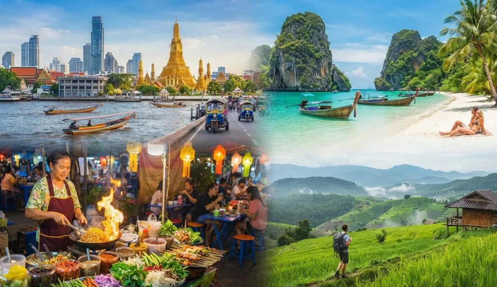 A collage of Thailand highlights featuring the Bangkok skyline and temple, a tropical beach with long-tail boats, street food cooking, and lush green rice terraces.