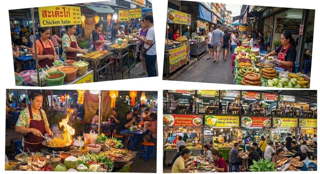 A photo collage showcasing bustling Thai street food markets, featuring vendors cooking chicken satay and noodles, food stalls with fresh produce, and people dining outdoors.