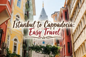 Banner with text reading Istanbul to Cappadocia Easy Travel framed by colorful historic buildings and a tower in Istanbul