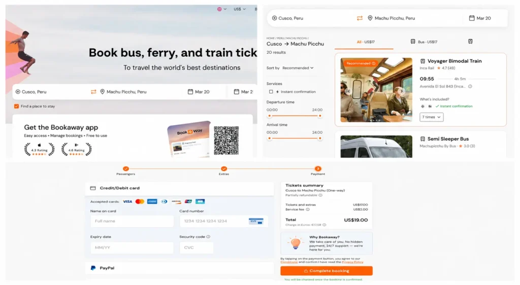 A collage showing the Bookaway website interface for booking bus, ferry, and train tickets from Cusco to Machu Picchu, including search results and payment checkout.