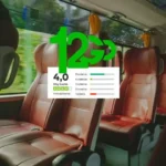 Interior view of a long-distance bus with red leather seats, overlaid with a 12Go green logo and a 4.0-star customer rating card.