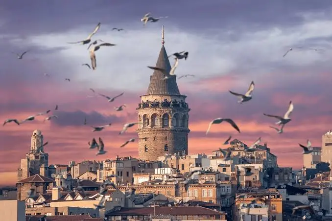 The historic Galata Tower rising above the rooftops of Istanbul at sunset, surrounded by a flock of birds flying across the sky