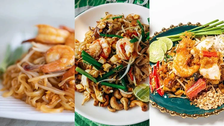 A photo collage showcasing three different plates of traditional Thai Pad Thai stir-fried noodles garnished with shrimp, lime, peanuts, and herbs.