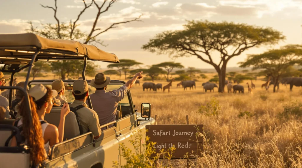Tourists in a safari vehicle pointing at wildlife grazing across the golden grasslands of the African savanna at sunset.