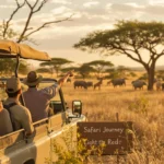 Tourists in a safari vehicle pointing at wildlife grazing across the golden grasslands of the African savanna at sunset.
