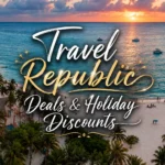 An aerial view of a tropical beach resort with palm trees, sandy shore, and boats on the ocean under a bright sunset, featuring text overlays for Travel Republic deals.