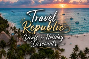 An aerial view of a tropical beach resort with palm trees, sandy shore, and boats on the ocean under a bright sunset, featuring text overlays for Travel Republic deals.