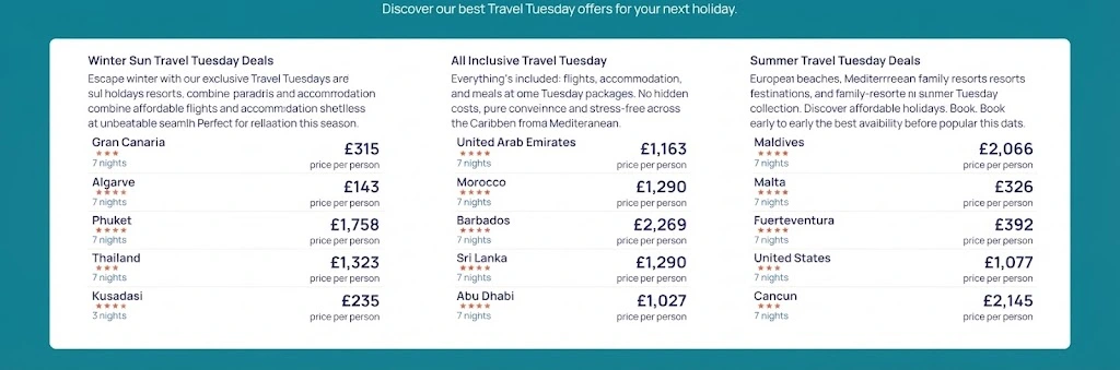 A pricing table of Travel Tuesday offers for winter, all-inclusive, and summer holiday packages across global destinations with per-person pricing.