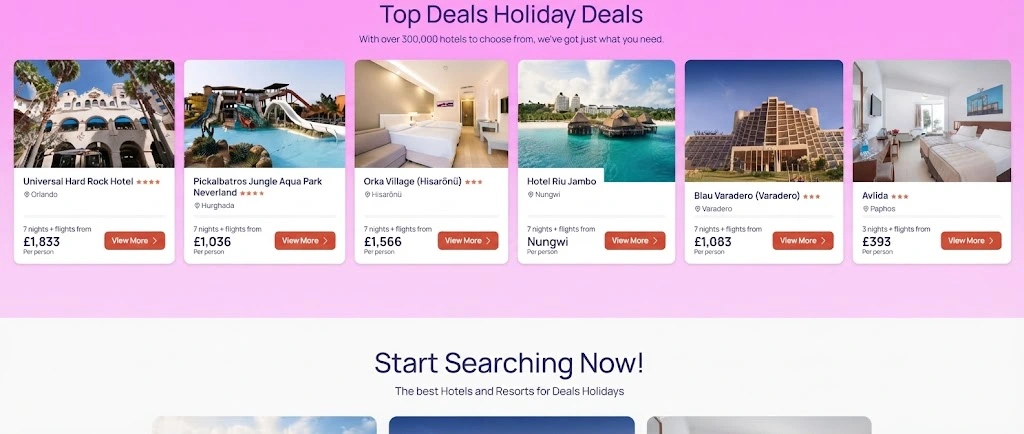 A travel website promotional banner displaying top holiday deals with hotel cards, pricing starting from 393 pounds, and a "Start Searching Now" call-to-action button.