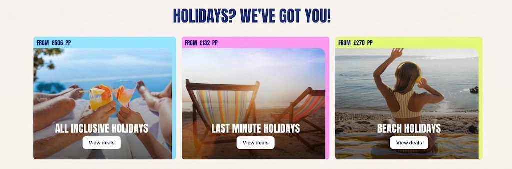 A promotional banner highlighting holiday deals starting from 132 pounds with options for all-inclusive, last-minute, and beach holidays.