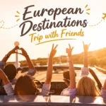 A group of friends celebrating and raising their hands while riding in a convertible car during a sunset road trip.