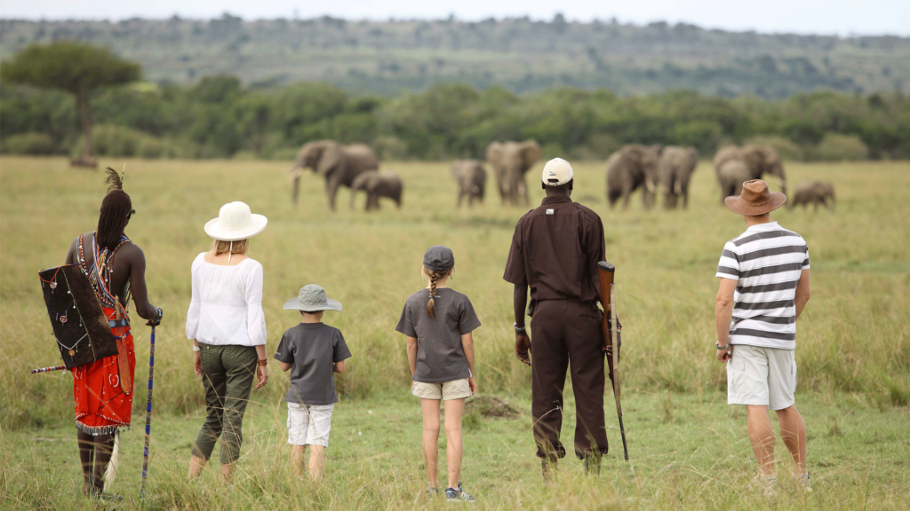 A group of tourists accompanied by local guides observing a herd of elephants grazing in the grasslands of the African savanna.